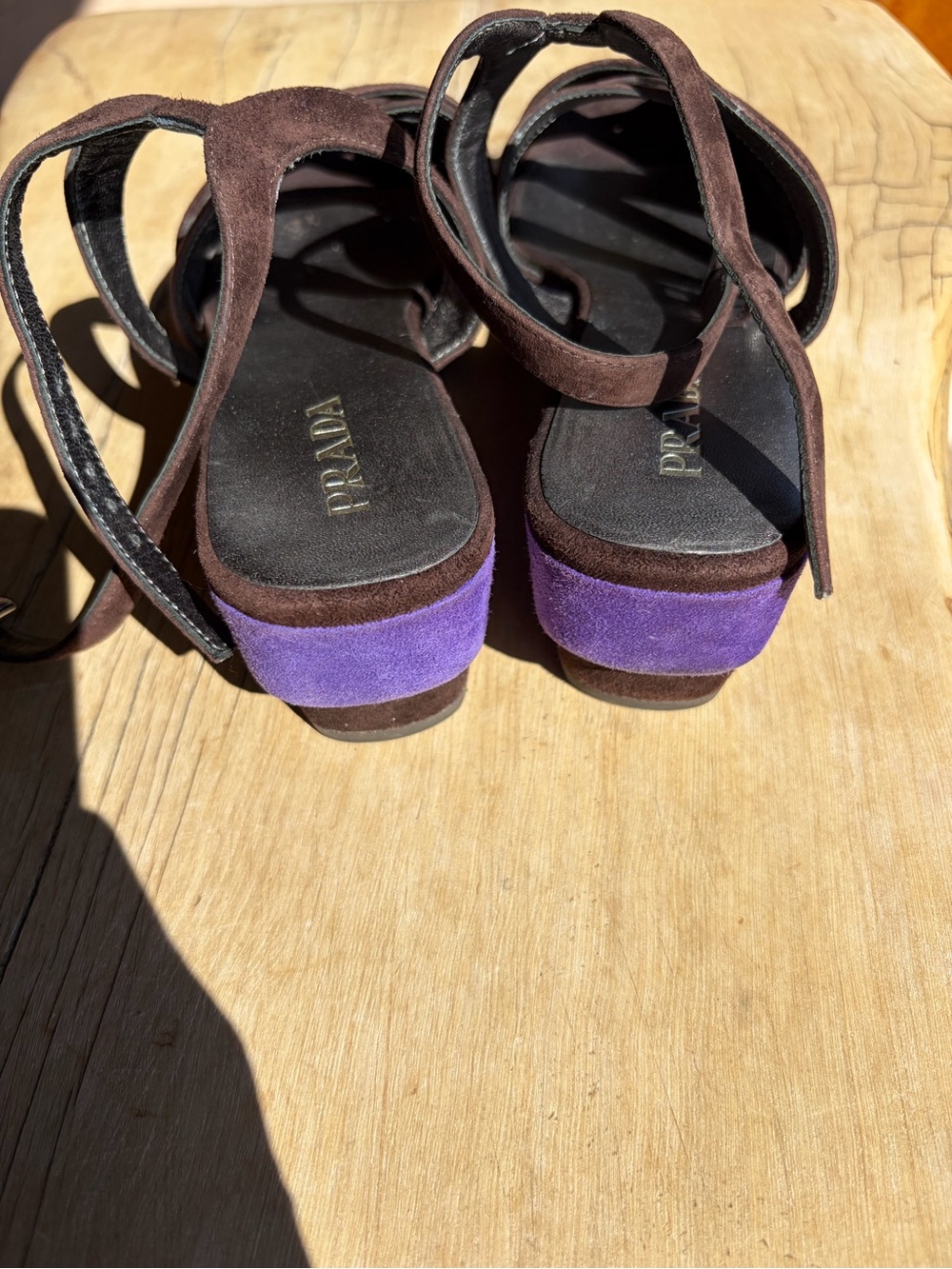 Vintage Prada Brown & Purple Suede Strappy Wedge Sandals — 37.5 / US 7.5 - Picture 3 of 9